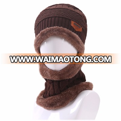 Wholesale 2018 hot sale men hat scarf set fashion 6colors solid fur fleecewarmer knit winter beanie hats with neck warmer